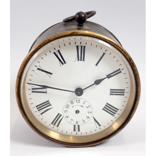 927 - A French 8 day brass drum alarm clock 9.5cm diameter