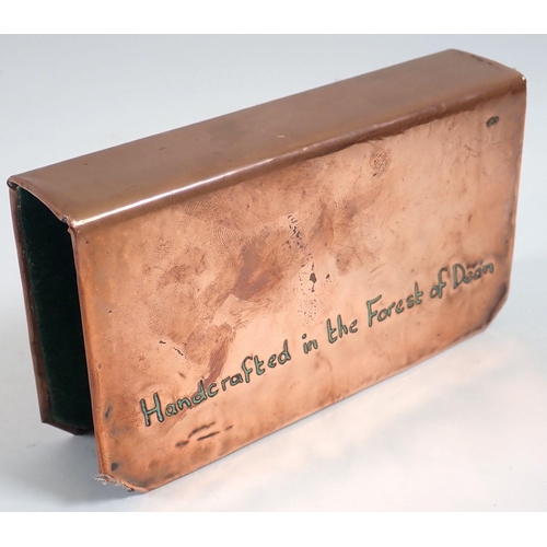 928 - A copper matchbox cover embossed sheep - from the Forest of Dean, 12 x 7cm