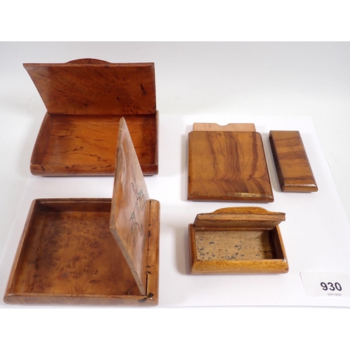 930 - Three burr walnut cigarette boxes and a snuff box