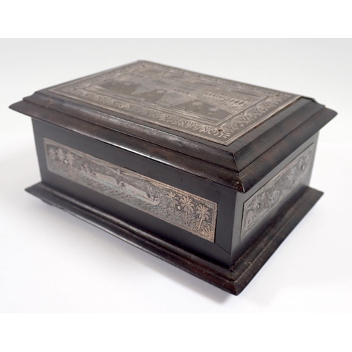 938 - A Madras School ebony box mounted with etched steel panels depicting architectural landmarks, 14cm w... 