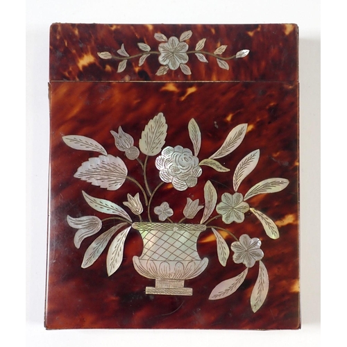 939 - A 19th century tortoiseshell and mother of pearl card case decorated urn of flowers, 10 x 8cm