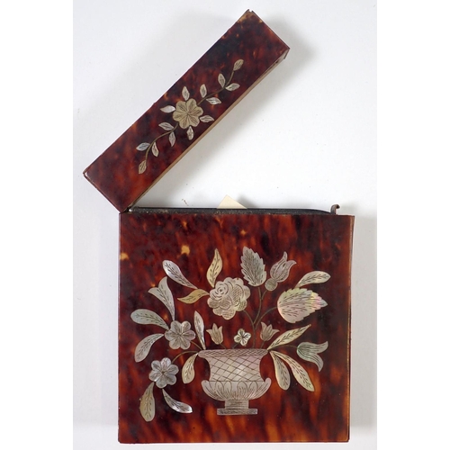 939 - A 19th century tortoiseshell and mother of pearl card case decorated urn of flowers, 10 x 8cm