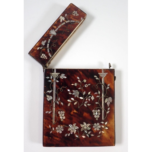 940 - A 19th century tortoiseshell and mother of pearl card case decorated archway with flowers and bird, ... 