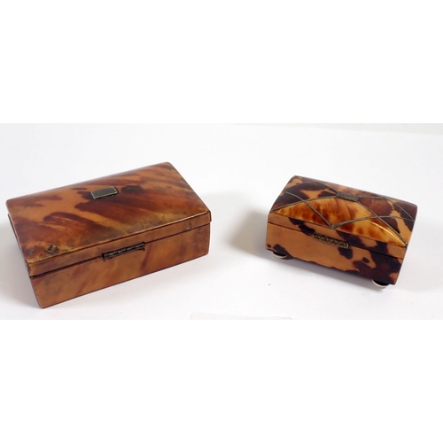 941 - Two 19th century tortoiseshell boxes, one with white metal inlay and bone feet, 7 x 5cm