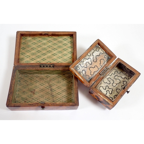 941 - Two 19th century tortoiseshell boxes, one with white metal inlay and bone feet, 7 x 5cm