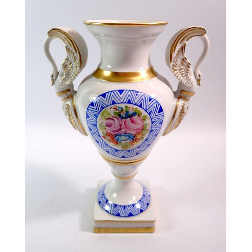 113 - A Capodimonte vase painted flowers with swan neck handles, 25cm