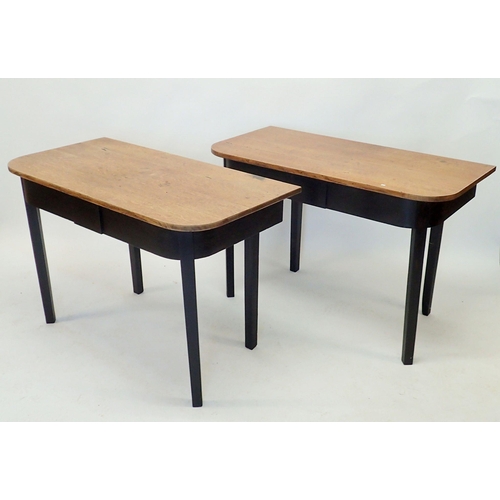 1141 - A Georgian pair of mid oak and ebonised 'D' end console tables, 110 x 55 x 73cm