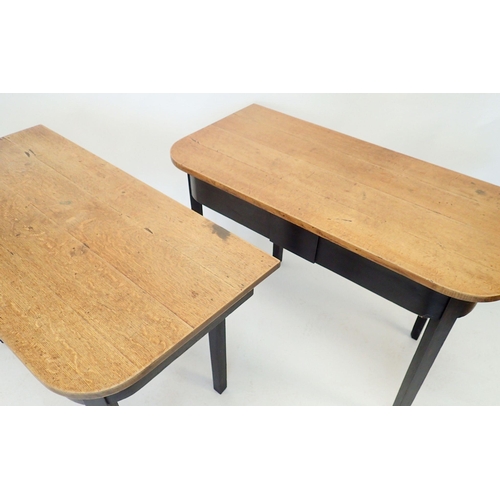 1141 - A Georgian pair of mid oak and ebonised 'D' end console tables, 110 x 55 x 73cm