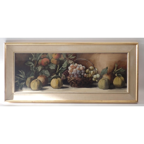 1144 - Arthur Dudley - watercolour still life fruit and basket, 26.5 x 76cm