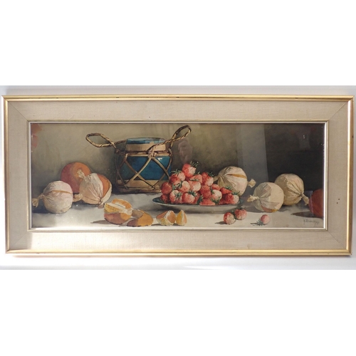 1145 - Arthur Dudley - watercolour still life fruit with blue jar, 26.5 x 76cm