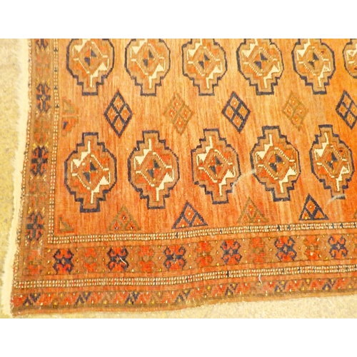 1149 - An antique Turkoman rug with two rows of guls on a madder ground, 152 x 84cm