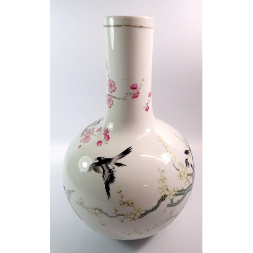 120 - A Chinese large bulbous vase painted birds and blossom, repaired to neck 40cm