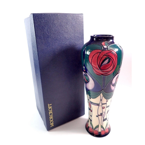 138 - A Moorcroft tall vase Tribute to Charles Rennie Mackintosh, 37cm by Rachel Bishop - boxed