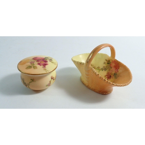 150 - A Royal Worcester ivory blush miniature basket, 6.5cm long and circular box