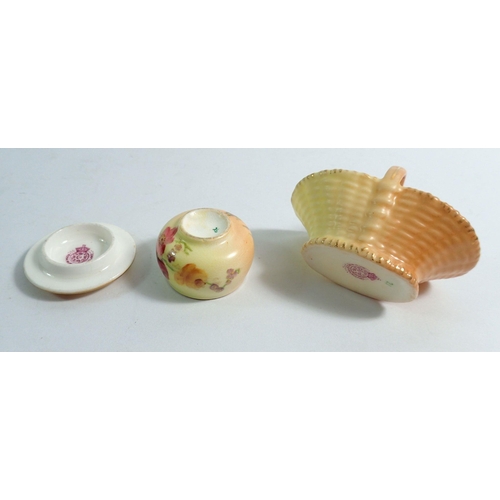 150 - A Royal Worcester ivory blush miniature basket, 6.5cm long and circular box