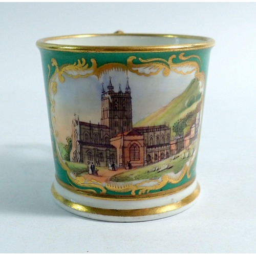 155 - A Chamberlains Worcester miniature cup painted Malvern Abbey Church on an apple green ground, 4.2cm ... 