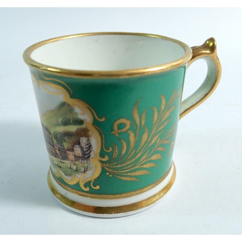 155 - A Chamberlains Worcester miniature cup painted Malvern Abbey Church on an apple green ground, 4.2cm ... 