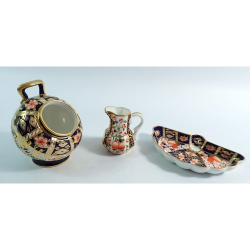 156 - A Royal Crown Derby fan form pin tray, miniature 19th century jug and dressing table pot, 8.5cm tall