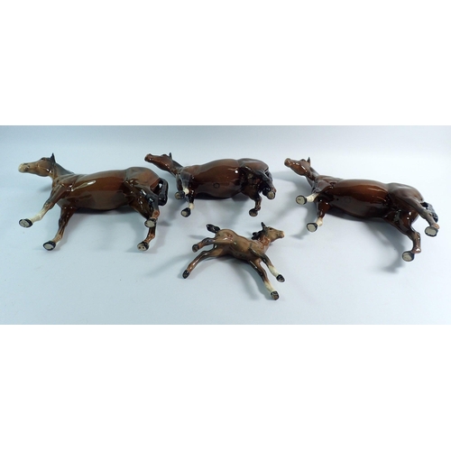 161 - Three Beswick brown mares, 20cm tall and a Beswick brown foal, 12.5cm tall