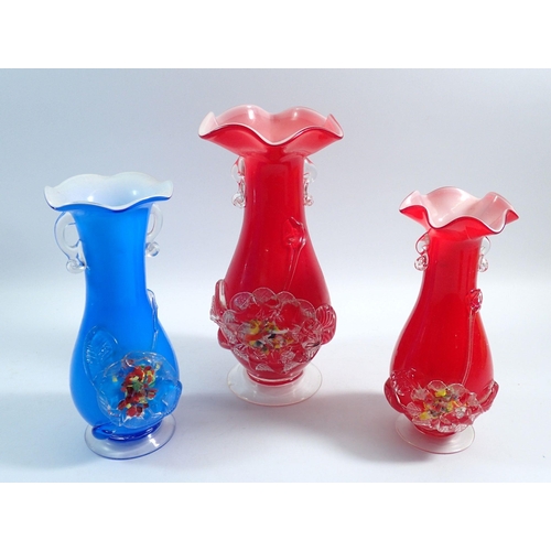 183 - Three coloured glass vases with applied decoration, tallest 24.5cm