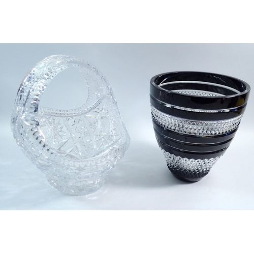 186 - A cut glass vintage basket and a Waterford John Roche banded cut glass vase, 19cm tall