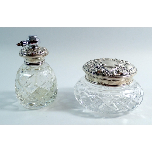 236 - A cut glass and silver plated atomiser, 11.5cm and a silver topped dressing table jar - silver dente... 