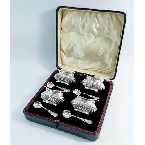 241 - A set of four half gadrooned silver salts and spoons cased, Birmingham 1902 by Joseph Gloster