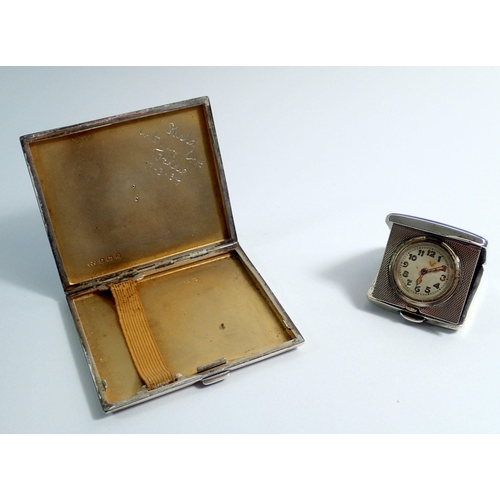 249 - A military silver and enamel group of two cigarette cases, two compacts, brush and folding travel cl... 