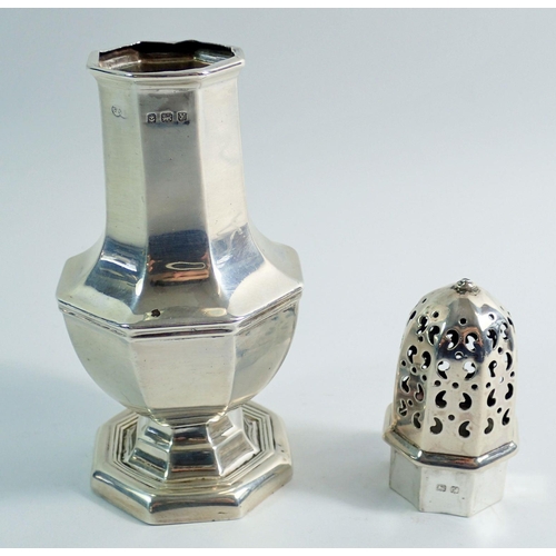 261 - A silver octagonal sugar caster, 17cm, Fergenbaum & Son, Birmingham 1923, 146g