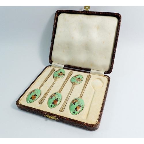 268 - A part set of five silver and green floral enamel teaspoons, Birmingham 1958, by Turner and Simpson