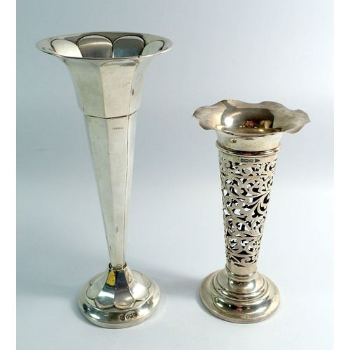 278 - A Walker & Hall silver pierced and tapered vase, Sheffield 1904 and a fluted one Sheffield 1922 by J... 