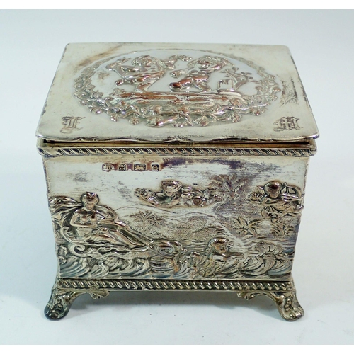 280 - A silver box embossed cherubs, Neptune and Venus, Birmingham 1900, Thomas Hayes, 256g  10 x 8.5 x 8.... 