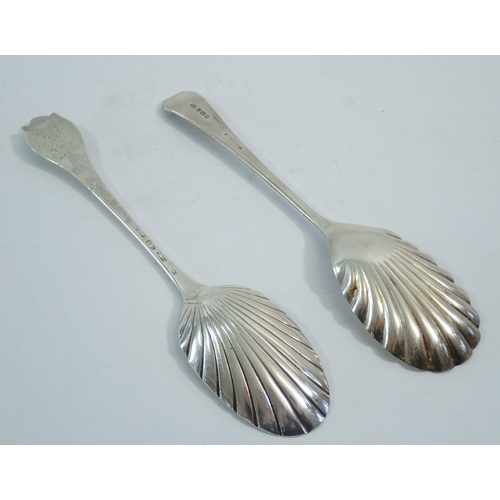 301 - Two silver serving spoons, one with shell bowl, Sheffield 1915 by Atkin Bros and one an early Georgi... 