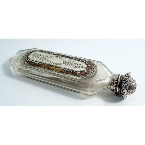 317 - A Georgian cut glass, silver and enamel scent bottle with inset patch box, 10.5cm long