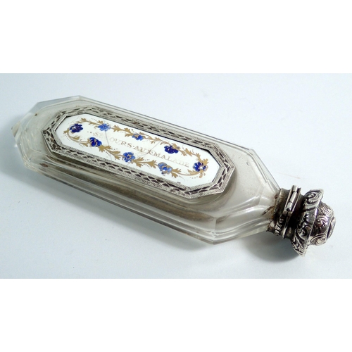 317 - A Georgian cut glass, silver and enamel scent bottle with inset patch box, 10.5cm long