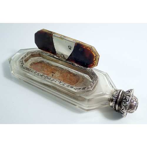 317 - A Georgian cut glass, silver and enamel scent bottle with inset patch box, 10.5cm long