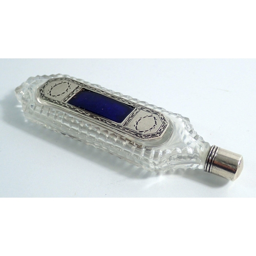 318 - A Georgian cut glass, silver and enamel scent bottle with inset patch box, 10.5cm long, could not be... 