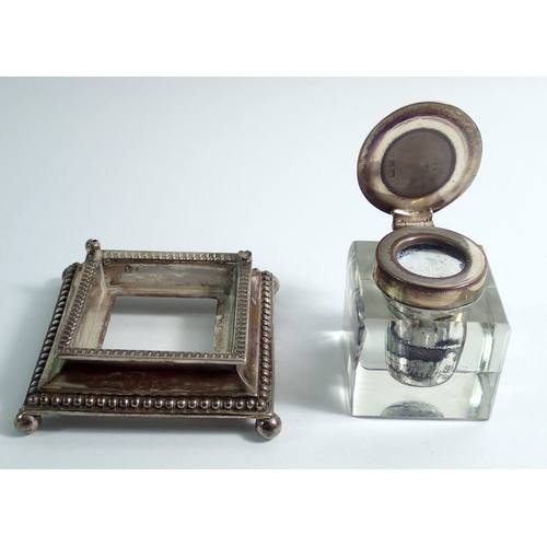 328 - A small square cut glass and silver mounted inkwell on stand, 8cm wide, Birmingham 1903, stand 42g