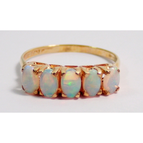 350 - A 9ct gold ring set five opals size M-N 2.2g