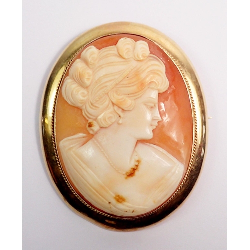 355 - A 9 carat gold framed cameo brooch with shell carved bust of a woman, 6 x 4.5cm