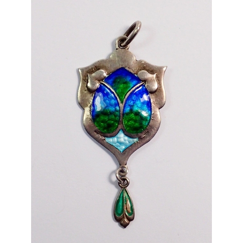 358 - An Art Nouveau silver and enamel pendant with stylised leaf design by James Fenton, Birmingham 1908,... 