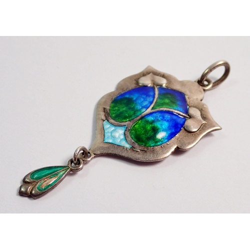 358 - An Art Nouveau silver and enamel pendant with stylised leaf design by James Fenton, Birmingham 1908,... 