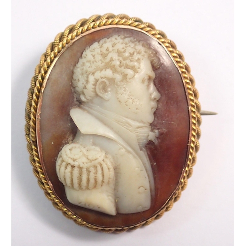 361 - An early 19th century yellow metal mounted cameo brooch carved naval officer, 3.1 x 2.5cm