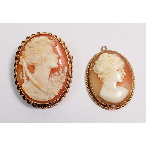 364 - Two 9 carat gold framed cameo brooches, largest 3.5 cm tall