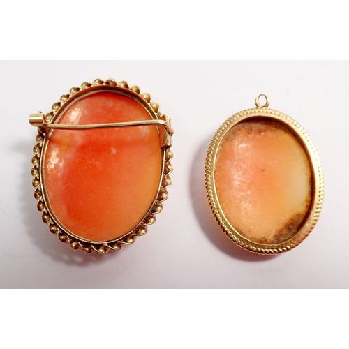 364 - Two 9 carat gold framed cameo brooches, largest 3.5 cm tall