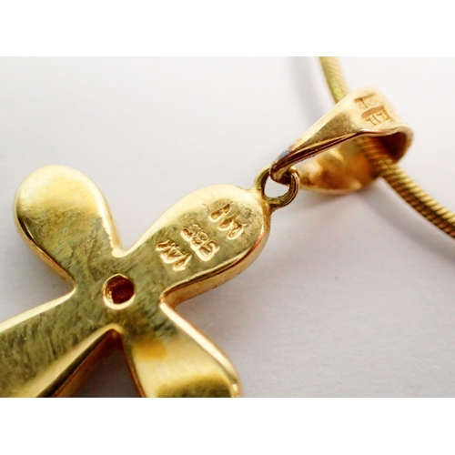 368 - A 14 carat gold and enamel crucifix, 1.5cm drop on 9 carat gold chain - chain 39cm, total weight 4.7... 