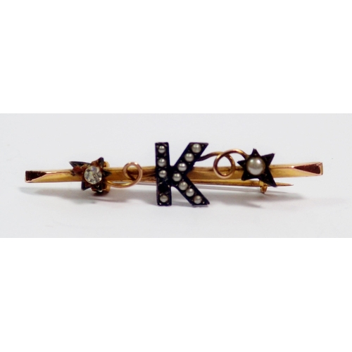 376 - A 9 carat gold bar brooch with 'K' initial set pearls 4cm long and another bar brooch set blue stone... 