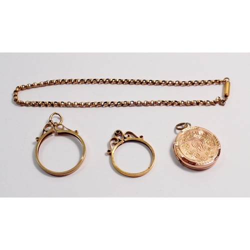 380 - A 9 carat gold group including sovereign mount, half sovereign mount, locket, chain etc. 8.4g total ... 