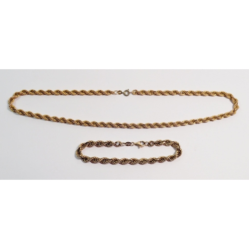 387 - A rope twist 9 carat gold necklace and bracelet, 45cm and 20cm long, total weight 13.6g