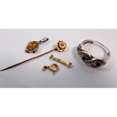 398 - A costume jewellery group including stick pin with 9ct gold and chip diamond terminal, silver and ga... 